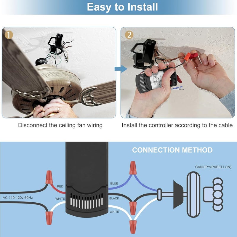 Onisamt Hampton Bay Fan Remote Kit,Universal Ceiling Fan Remote Control Replacement Hampton Bay Home Decorators Collection Hunter KUJCE10318, ZAAZPHD-3 Speed Control, Light Dimming,Time Delay,with Wall Mount - Image 5